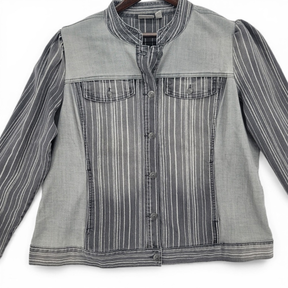 LOGO Lori Goldstein Womens 18W Jacket Denim Gray Stripe Lagenlook Layering Plus - Picture 2 of 5